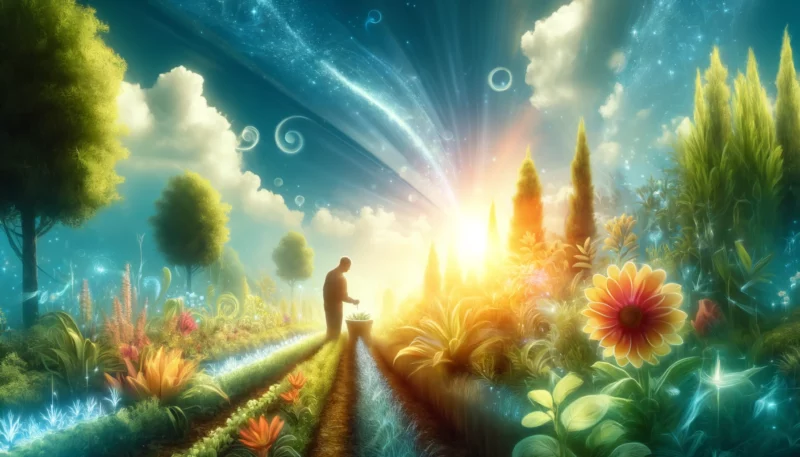 Une image lumineuse d'un jardin ensoleillé, symbolisant la valeur personnelle et la croissance intérieure. Le jardin est rempli de verdure luxuriante et de fleurs colorées, avec un ciel bleu clair en arrière-plan. Une personne est en train de cultiver son propre jardin, symbolisant l'attention et le soin apportés à son développement personnel.