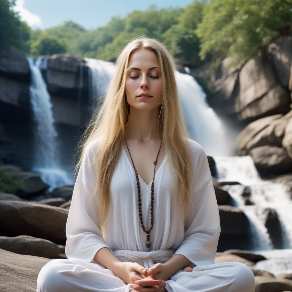 Femme qui fait su breathwork et qui médite paisiblement devant une cascade